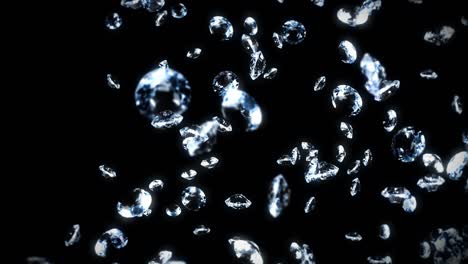 flying many jewelry diamonds on black background. shine transparent, precious gem. 3d animation of brilliant diamonds rotating. loop animation.