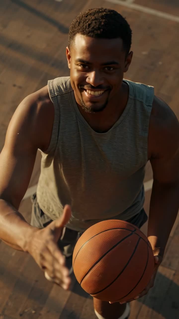 Vertical video: Smiling man in gray tank responding to cam on wooden court, offering basketball