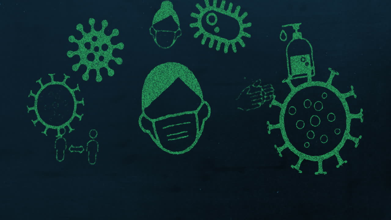 las células del coronavirus enmascaran los pulmones distanciamiento social iconos verdes flotantes