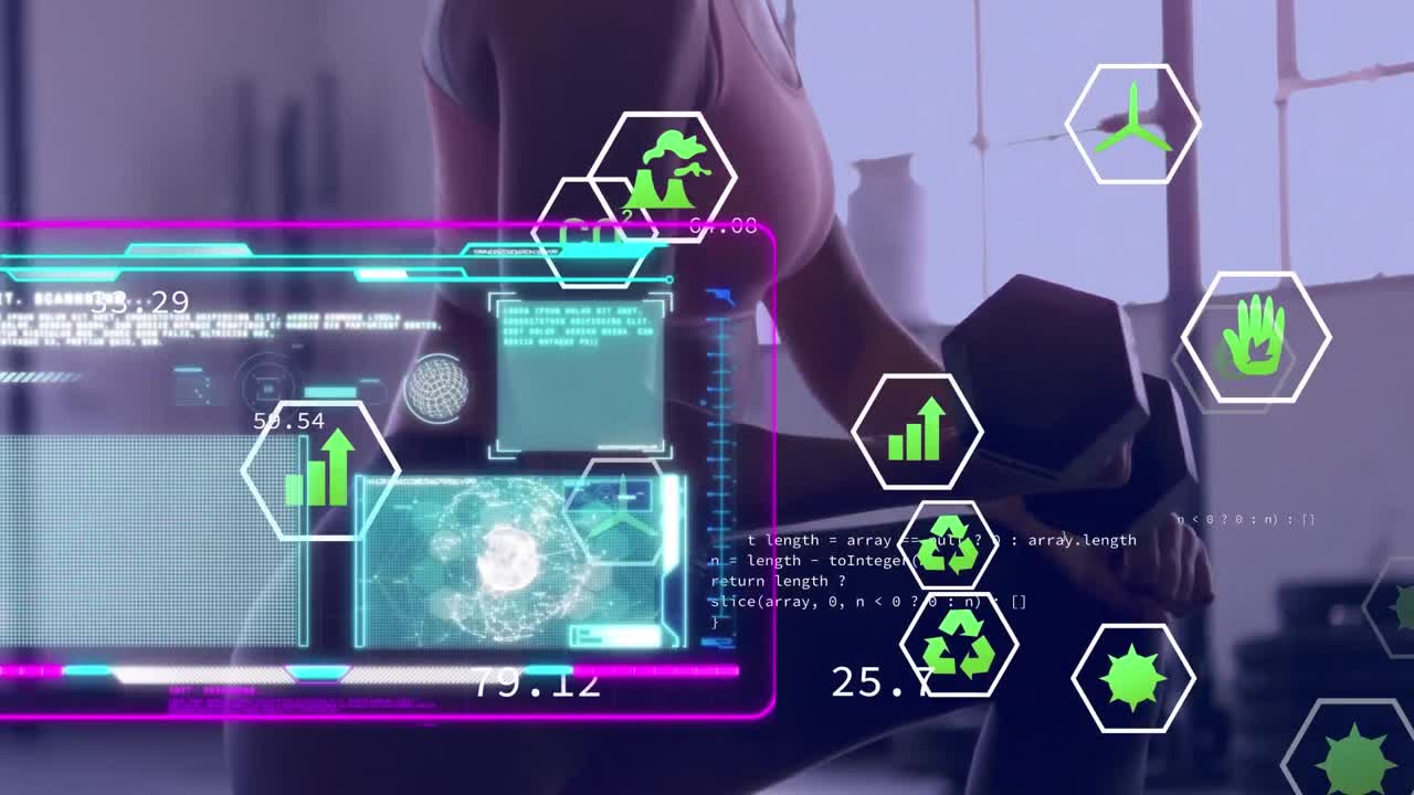 Animation of data processing over woman exercising