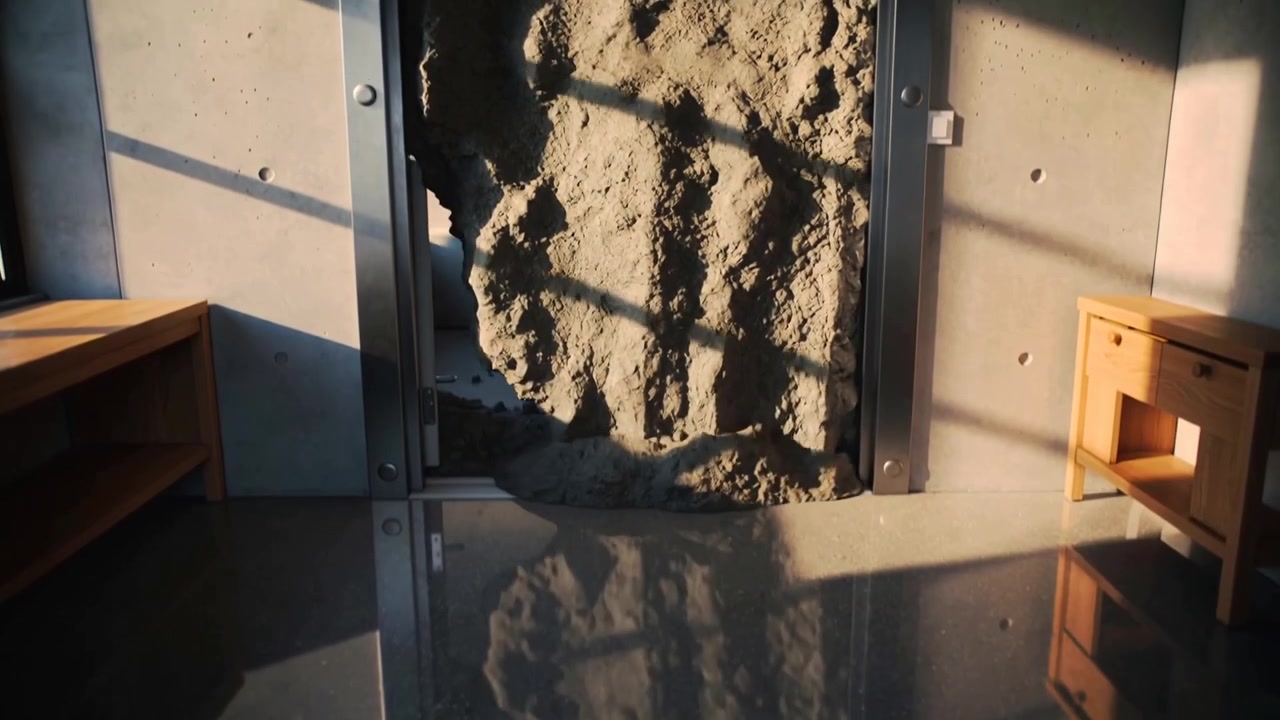Massa terrosa che cade, muovendosi da una fessura scura attraverso un'apertura con cornice metallica, accumulando detriti su un pavimento lucido.