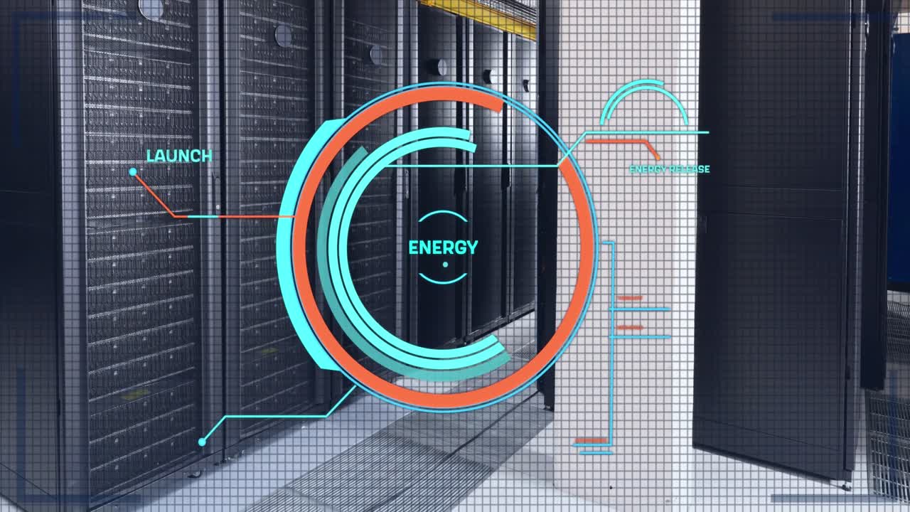 Animation of round scanner and data processing against computer server room