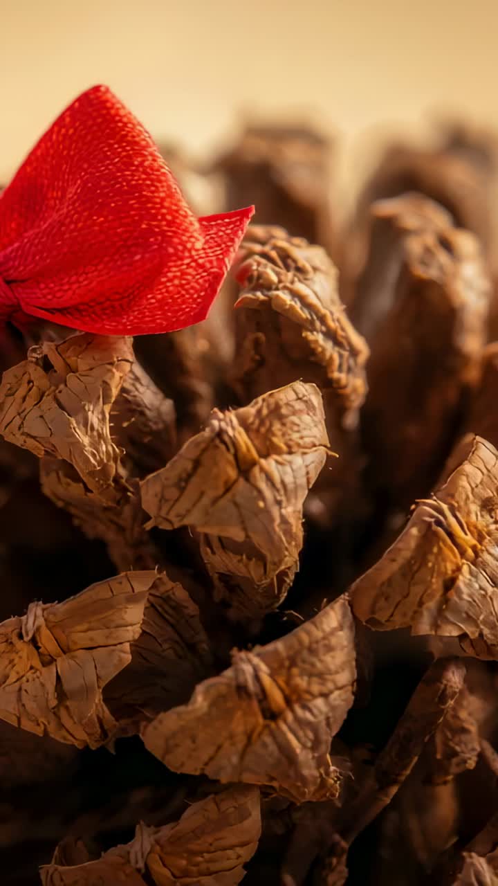 Vertical video: Moving camera shifting right and down, revealing pine cone on table to show red bow