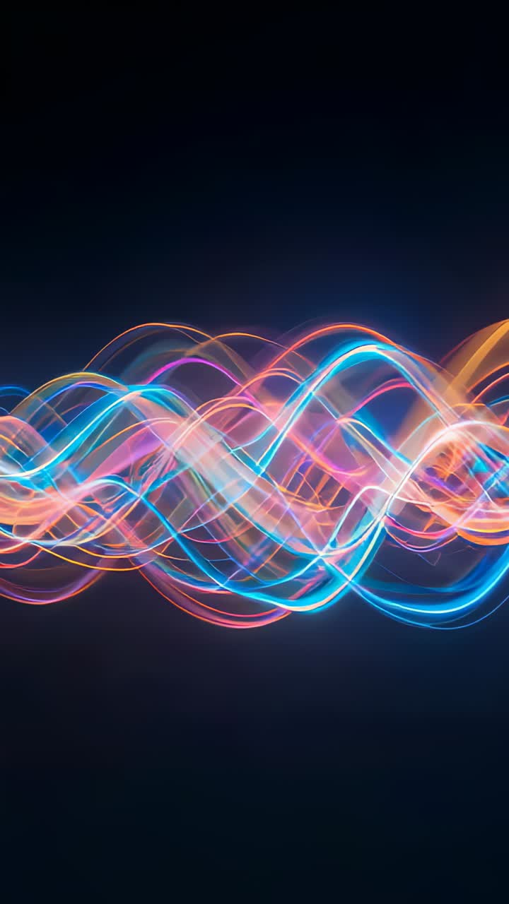 Vertical video: Pulsing neon band moving with frames, weaving loops creating glow in dark studio