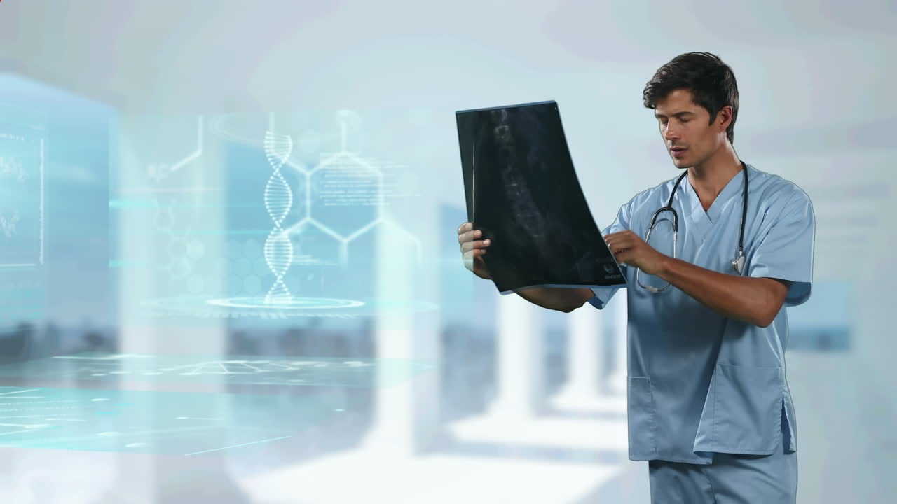 formas decorativas rojas y procesamiento de datos médicos contra el informe de rayos x de control del médico masculino