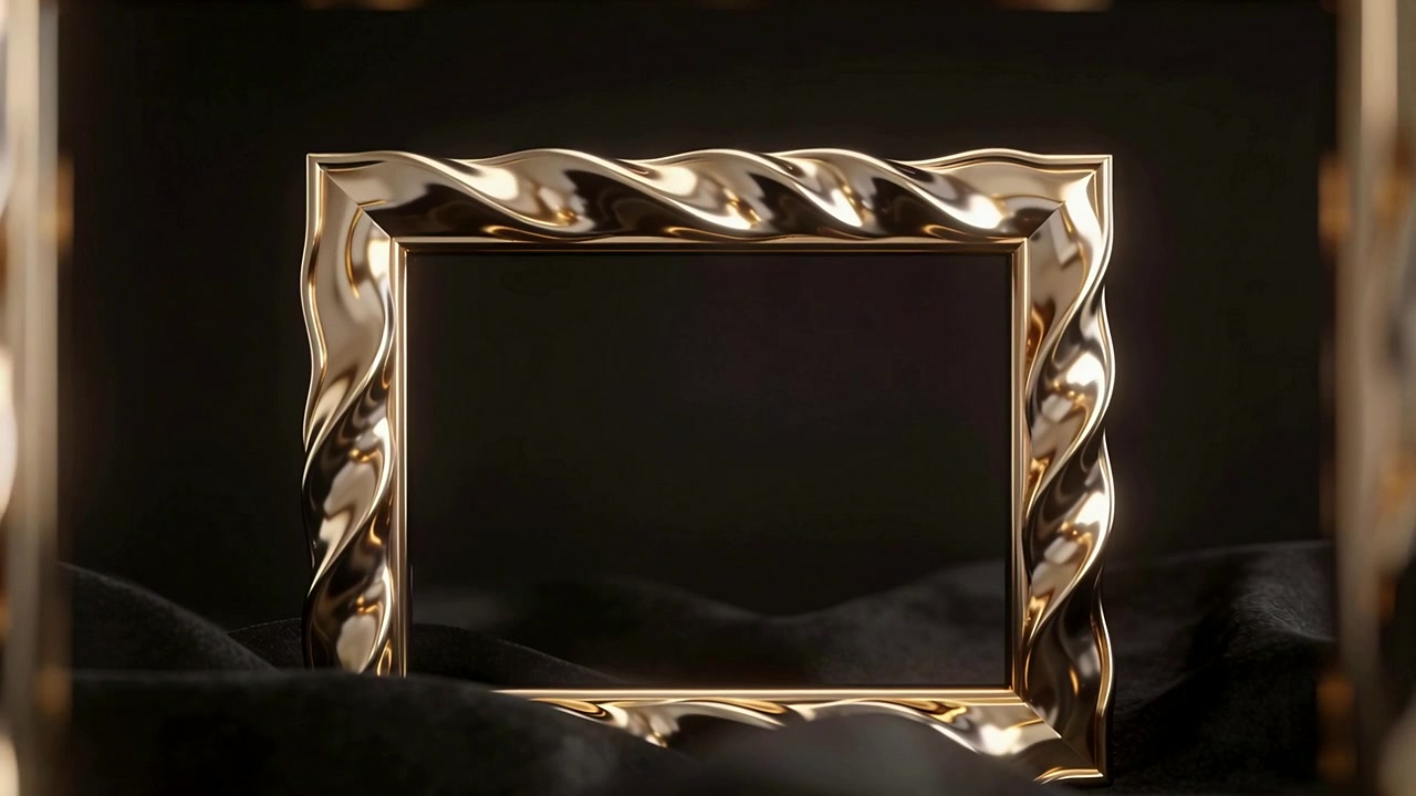 Starting camera zoom, gilded frame moving closer in studio, with foreground frames and black fabric