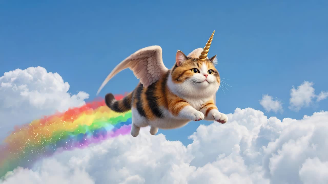 Joyful flying cat decorated with rainbow colors and sparkling magical dust in vibrant sky
