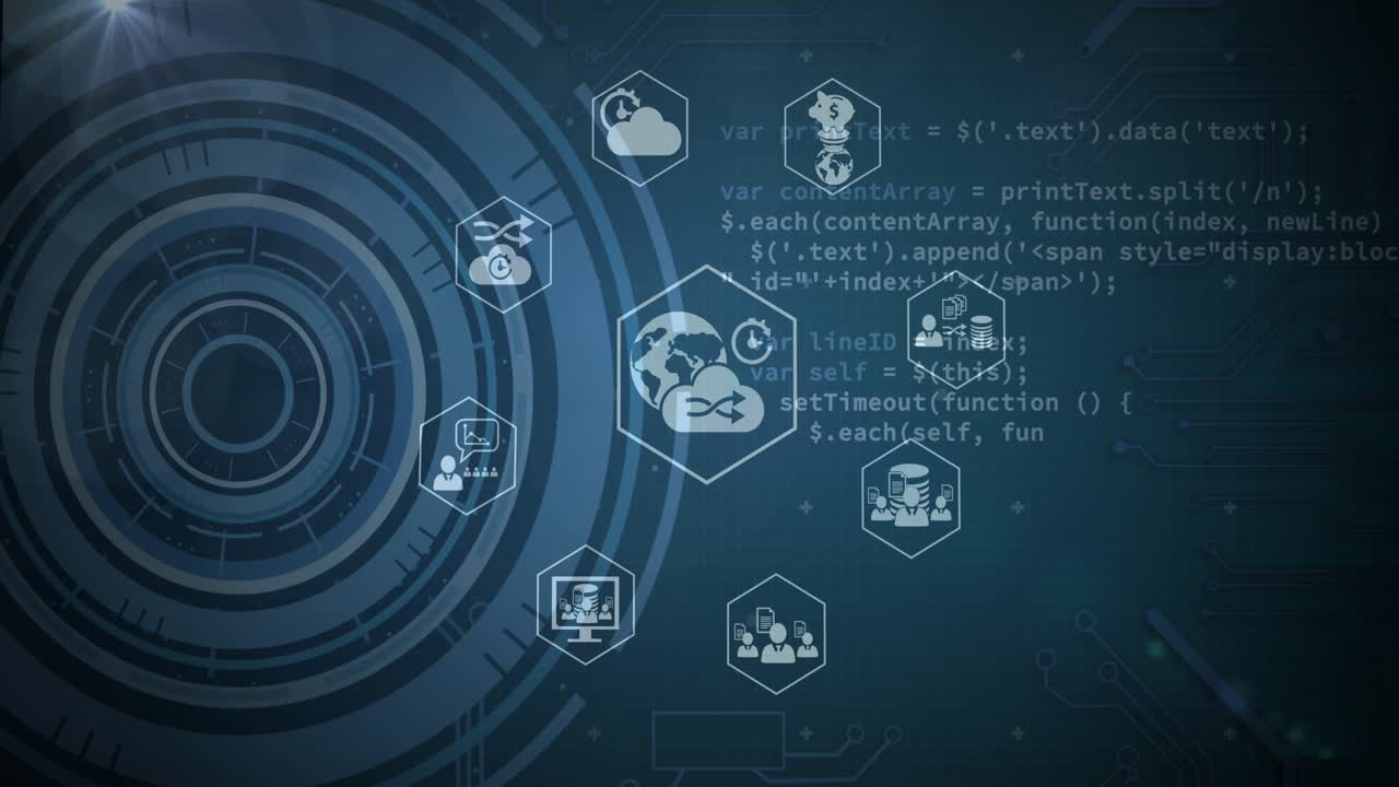 Animation of tech icons and data processing on green digital screen
