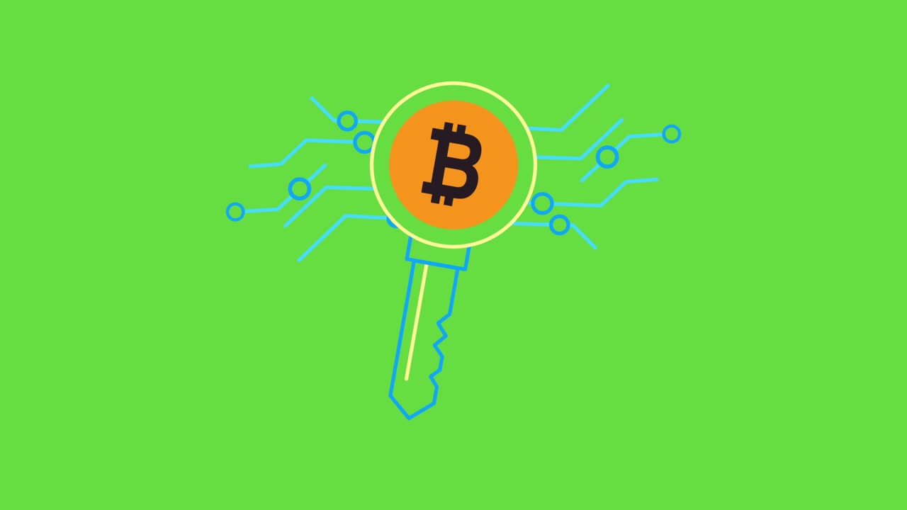 4k video of key with bitcoin symbol on green background.