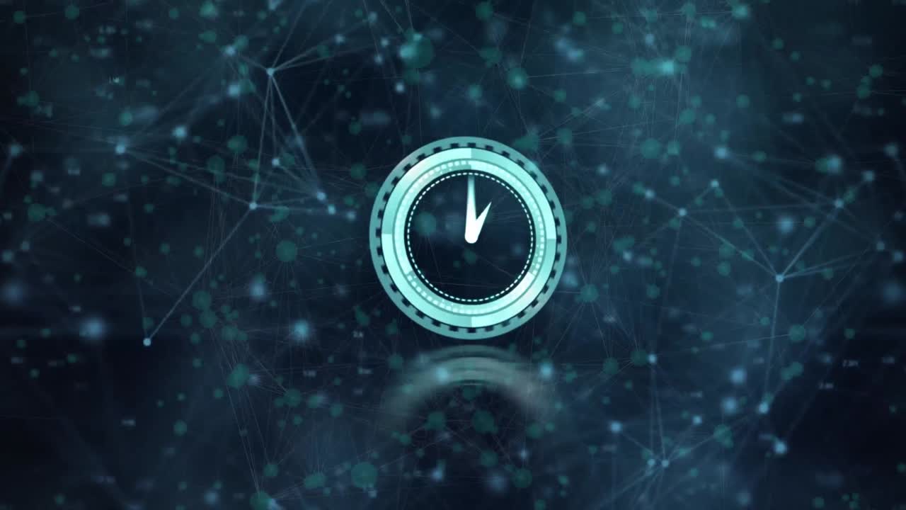 Animation of clock over network of connections on blue background