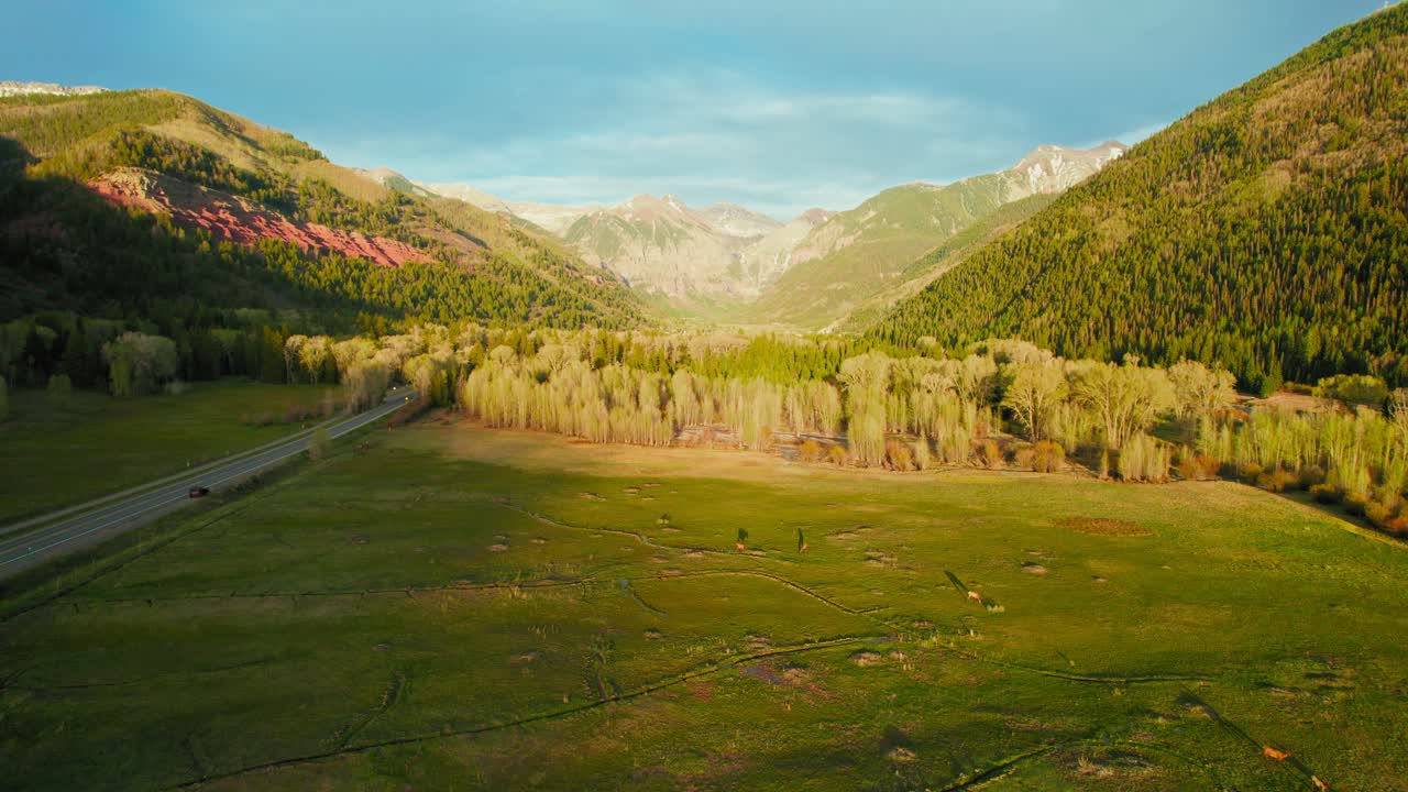 미국 콜로라도주 텔루라이드의 아름다운 따뜻한 황금빛 일몰 동안 드넓은 풀밭에서 풀을 뜯고 있는 사슴을 보여주는 아름다운 무성한 녹색 바위 산 고산 숲 계곡 위로 날아가는 공중 드론 영상