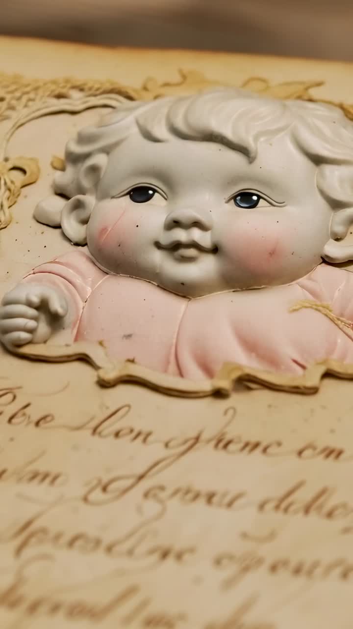 Vertical video: Camera pushing in on ceramic baby face atop aged cards on wood table, showing age