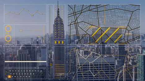 paisaje urbano con visualización de datos y animación de conexiones de red sobre rascacielos