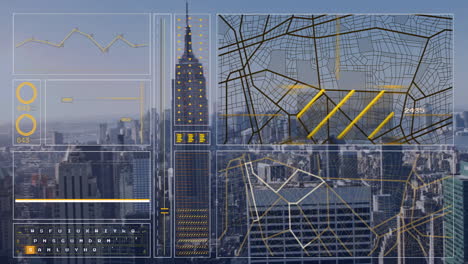 cityscape with data visualization and network connections animation over skyscrapers