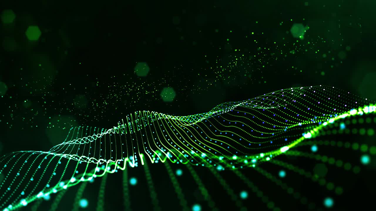 4k looped sci-fi green background with bokeh and light effects. Glow green color particles form lines, surfaces, string structures as virtual space or hologram for HUD screen. 12