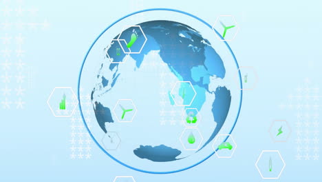 animation of network of eco icons over globe