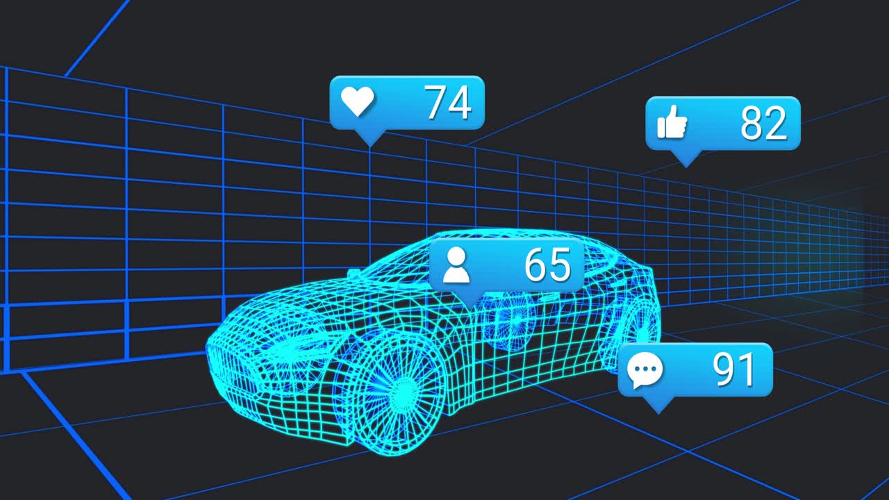 Notification bubble appearing at 1s on neon blue wireframe car starting engagement counts updating