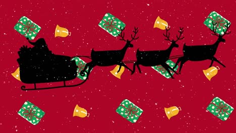 Snow-falling-over-santa-claus-in-sleigh-being-pulled-by-reindeers-over-christmas-gifts-and-bell