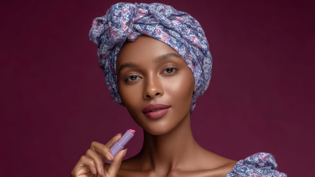Captivating Beauty: A Portrait of a Woman with a Graceful Turban and Stylish Lipstick, Radiating Confidence Against a Rich Purple Background
