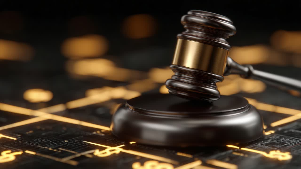 A close-up view of a gavel resting on a digital surface adorned with financial symbols, representing the intersection of law, finance, and technology in modern society