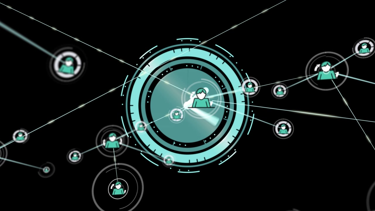 Animation of network of connections with icons over clock