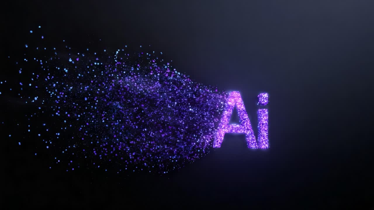 A mesmerizing transformation of artificial intelligence, showcasing the dynamic energy and vibrant colors as the text 'Ai' dissolves into stunning particles against a dark backdrop