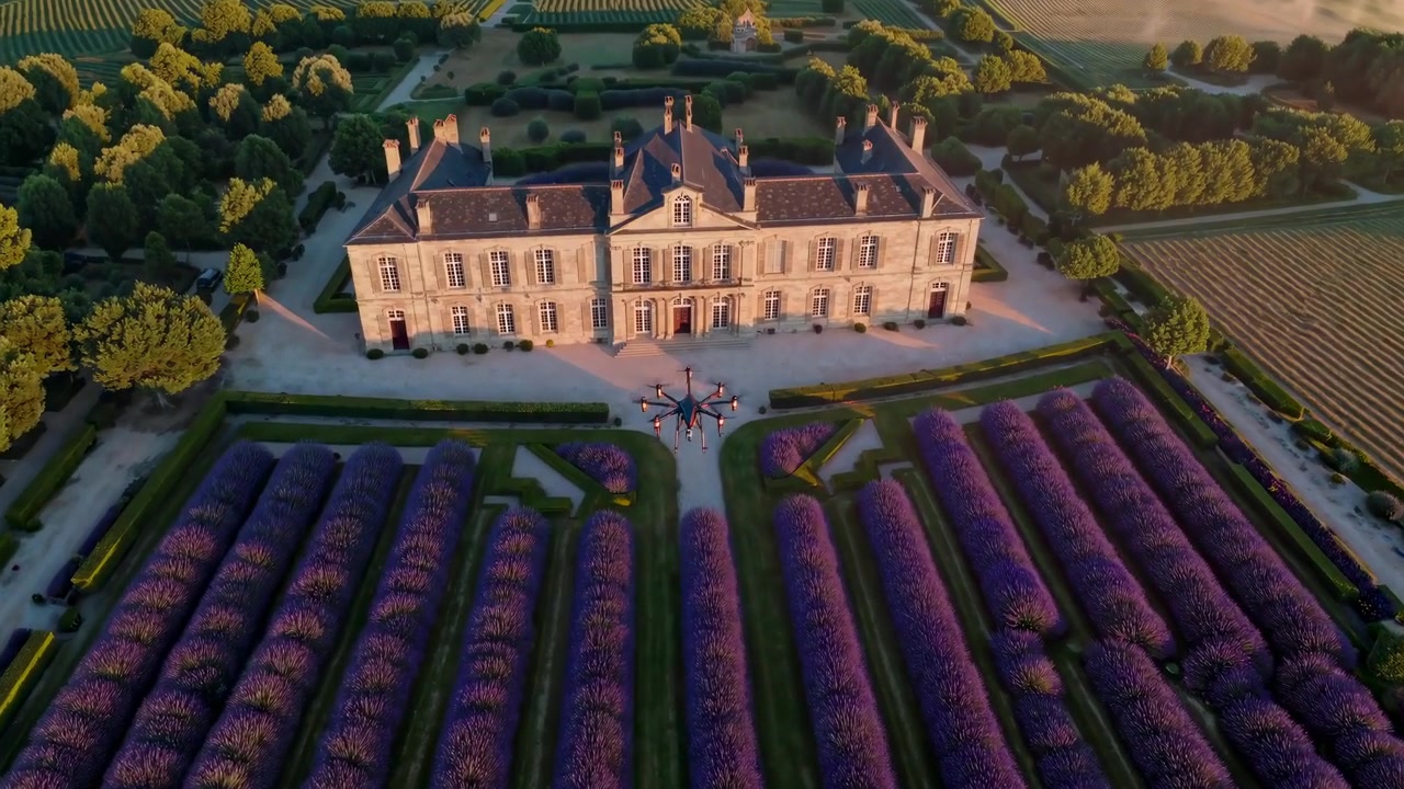 Flygfoto av ett franskt slott omgivet av blommande lavendelfält