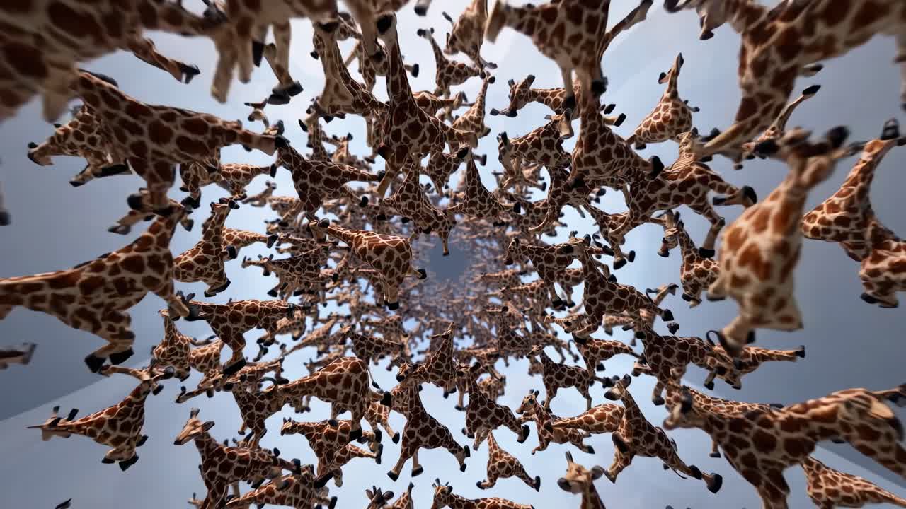 Giraffes running through a surreal, endless tunnel beneath a light blue sky create a mesmerizing visual experience, blending wildlife with dreamlike abstraction and dynamic motion