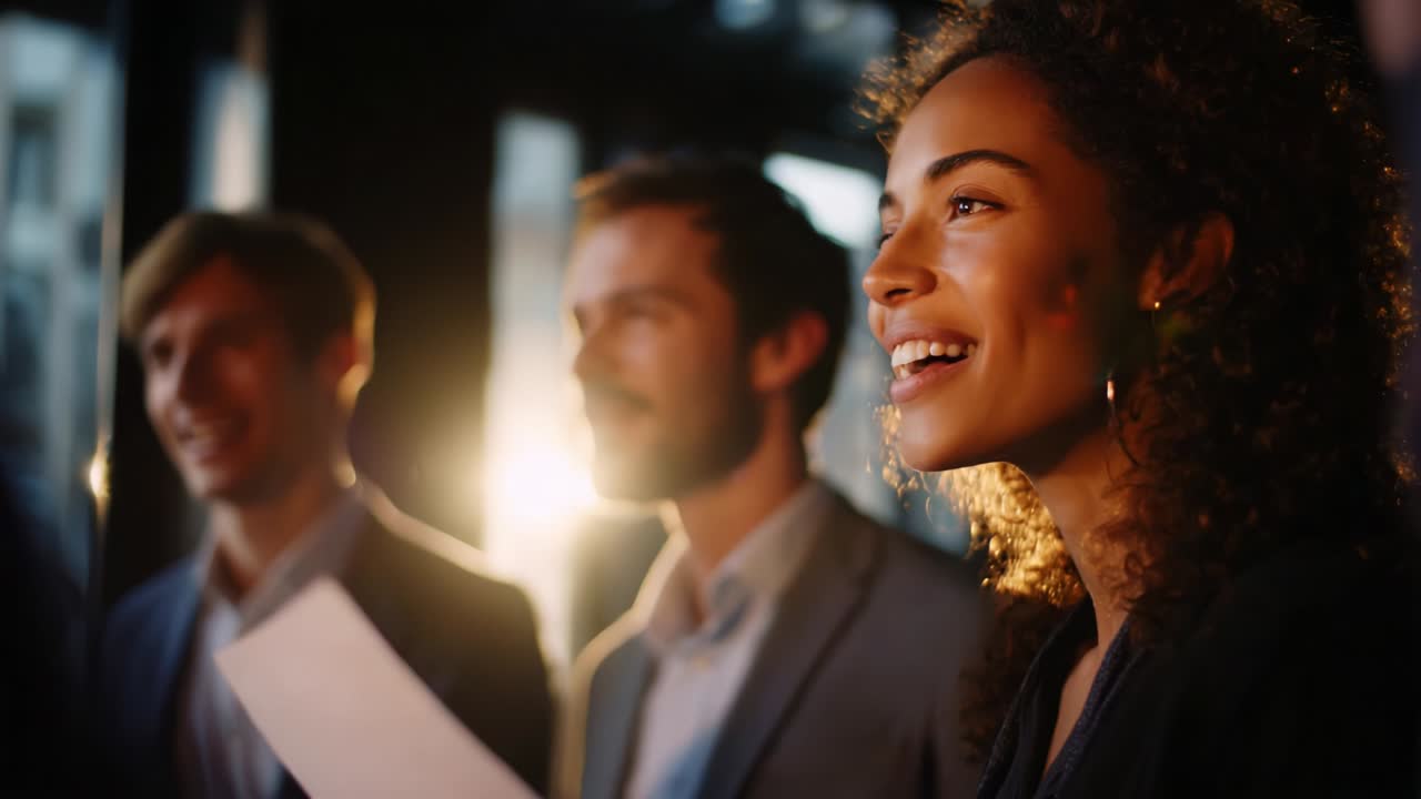 A Group of Professionals Engaged in a Positive Discussion in an Urban Setting, Illuminated by Natural Light with Smiling Expressions and Dynamic Interaction During a Collaborative Moment