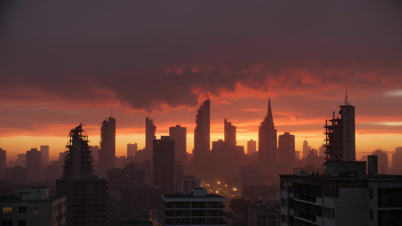Vista del horizonte urbano que se profundiza desde una azotea al amanecer, comenzando con andamios y farolas.