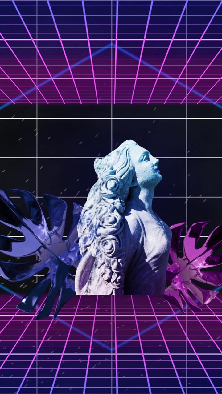 Animazione di diamanti 3D, una statua classica con effetto glitch e foglie su griglie viola su sfondo scuro.