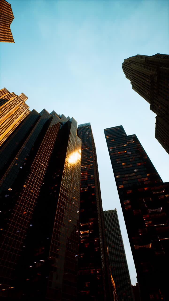 Vertical format of looking directly up at the skyline of the financial district
