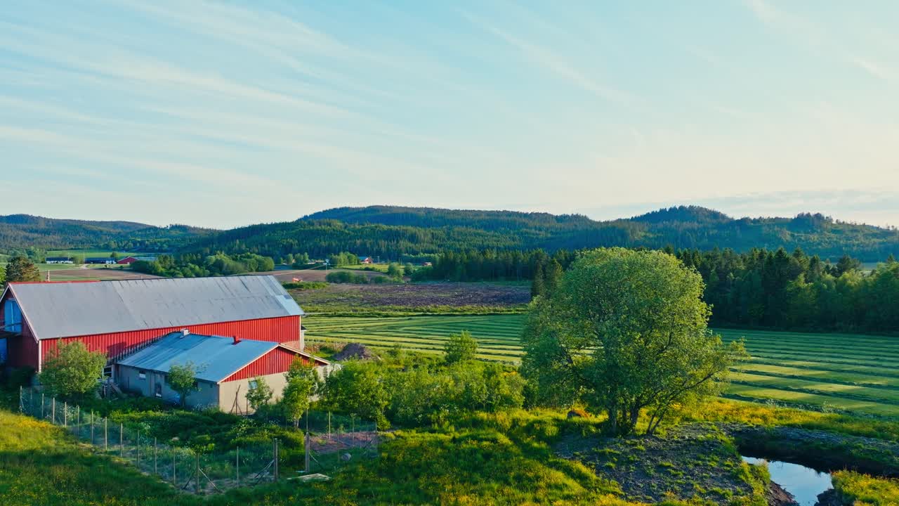Farmhouse And Agricultural Fields In Rural Norway - Drone Shot