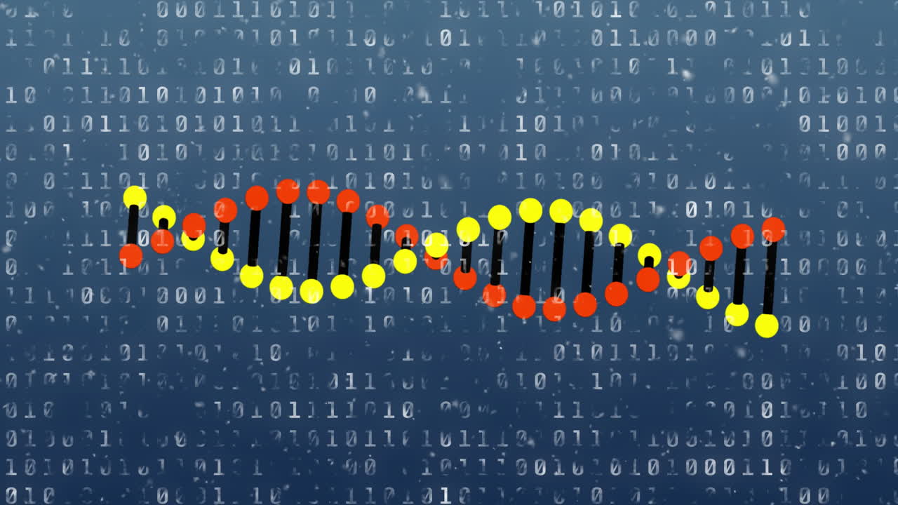 cadena de adn y codificación binaria, animación de procesamiento de datos científicos