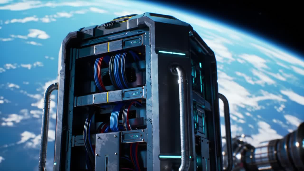 A High-Tech Storage Unit in Orbit: Exploring an Advanced Spacecraft Component Against the Background of Earth from a Striking Perspective