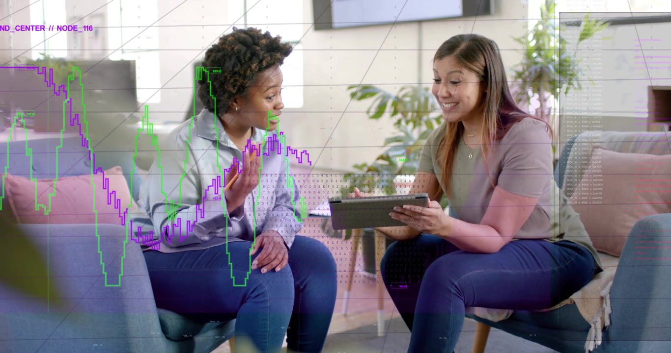 Two women reviewing business data, right tilting tablet, starting charts over UI, gesturing pencil