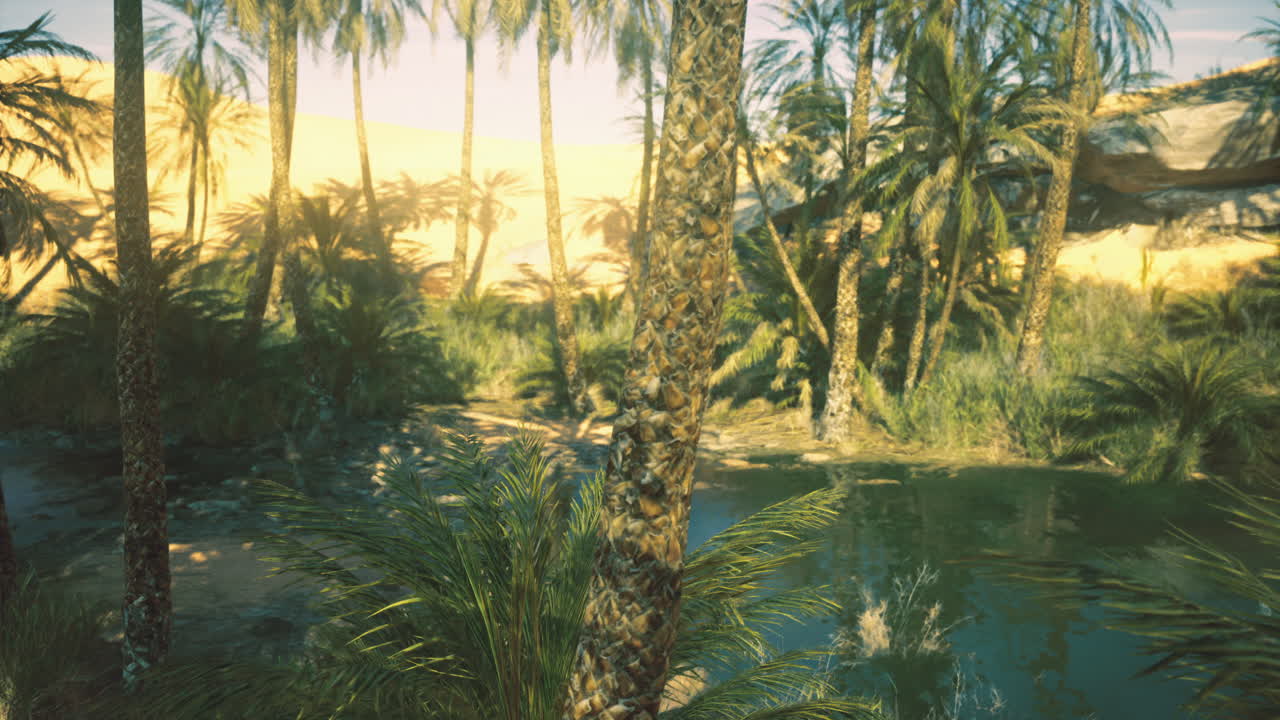 Lush oasis surrounded by palm trees in a serene desert landscape