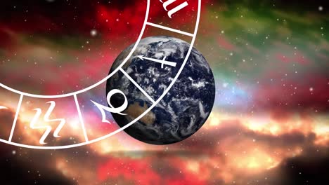 Animation-of-horoscope-star-sign-wheel-and-globe-over-vibrant-coloured-clouds