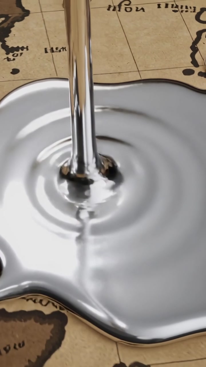 Vertical video: Falling silvery stream forming expanding puddle on printed map with ripples