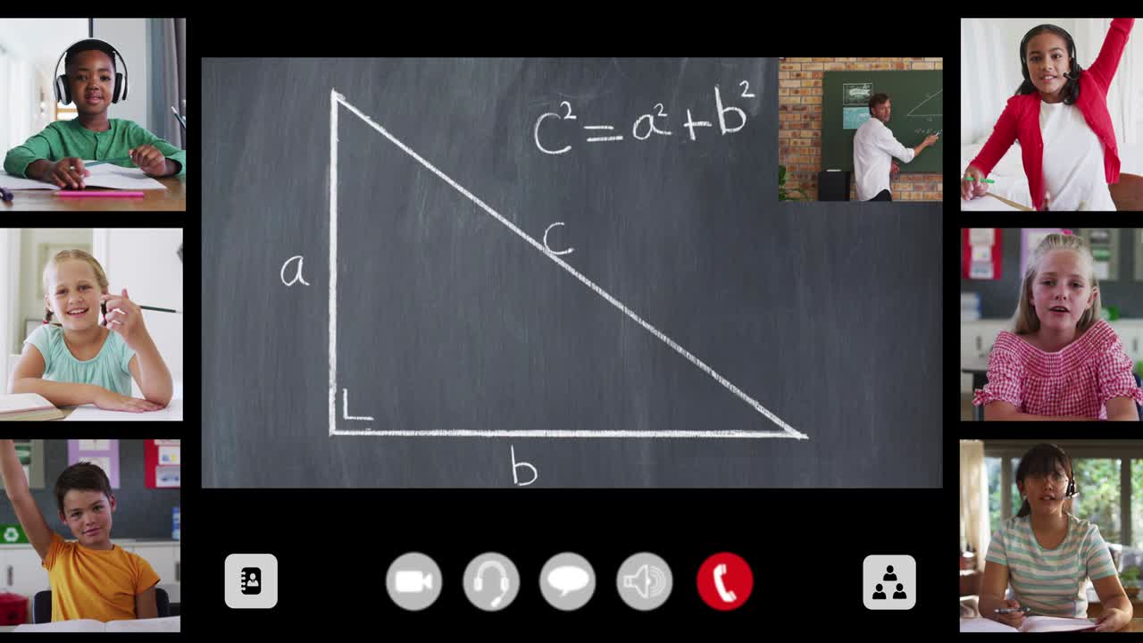 Animation of interface screen with chalkboard, teacher and six diverse children in online lesson
