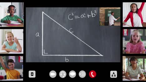 animation of interface screen with chalkboard, teacher and six diverse children in online lesson