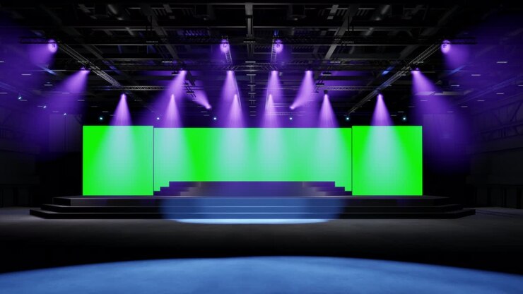 Bevægelig tom scene design til mockup og virksomhedsidentitet, display. Scene med grøn skærm i hal. Tom skærm til grafiske ressourcer. Scenebegivenhed med LED natlys iscenesættelse. Animationsloop 4k. 3D-gengivelse.