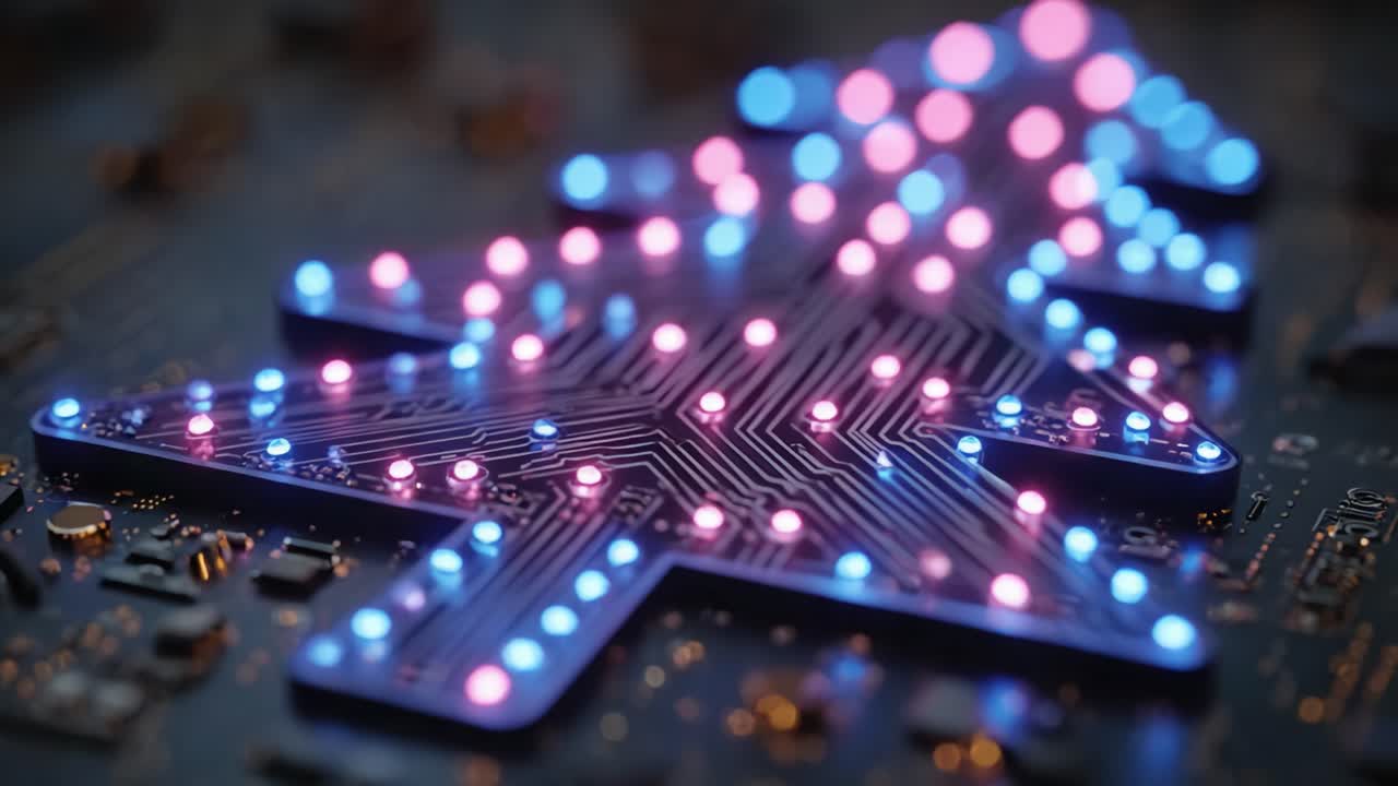 Illuminated Circuit Tree Design with Colorful LED Lights on a Dark Background, Showcasing a Blend of Technology and Festivity in Digital Art