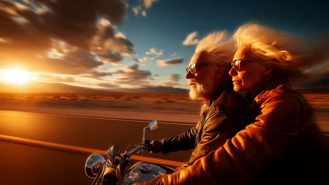 An adventurous couple rides a motorcycle into the sunset, capturing the essence of freedom, love, and thrilling shared experiences against a breathtaking landscape at dusk