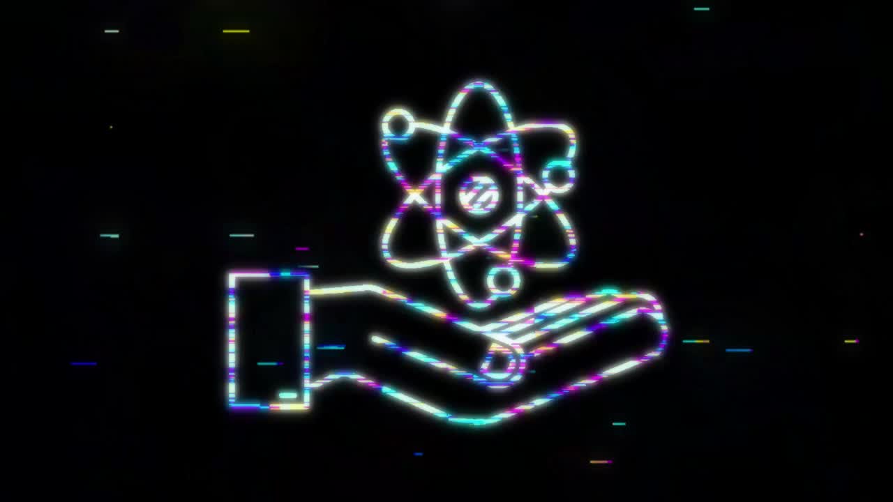 손 위에 글리치 원자 아이콘, 원자 기호 모션 그래픽