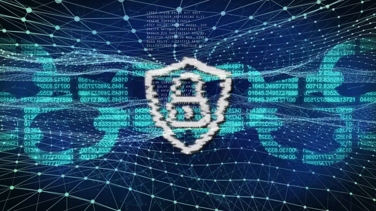 방패의 락의 애니메이션, 블록체인을 형성하는 숫자, 추상적인 배경에 연결된 점