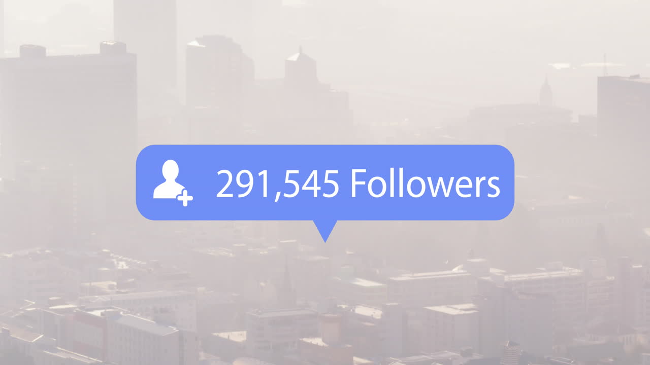 Animation of social media icon and data processing over cityscape