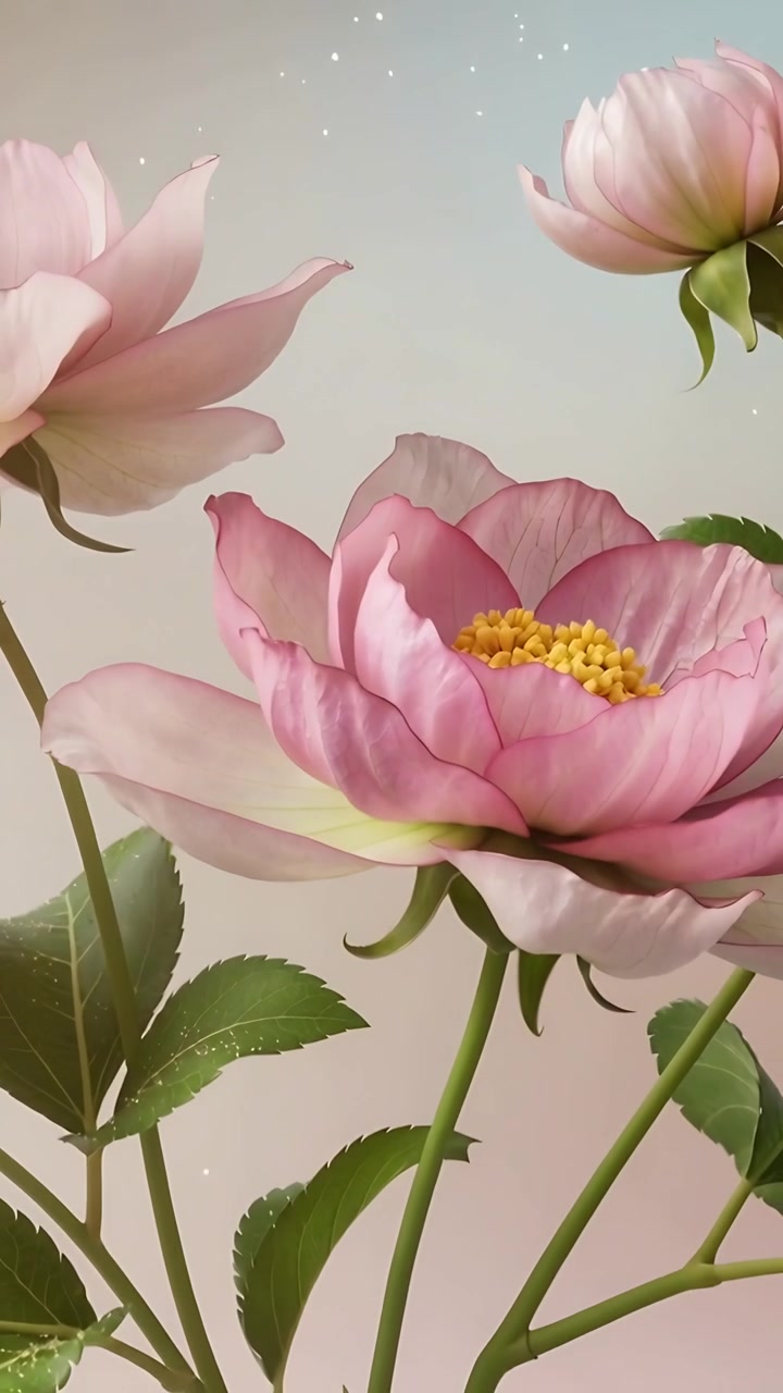 Video verticale: Telecamera che si allontana, fioritura rosa che rivela i boccioli, centro giallo, foglie in studio.
