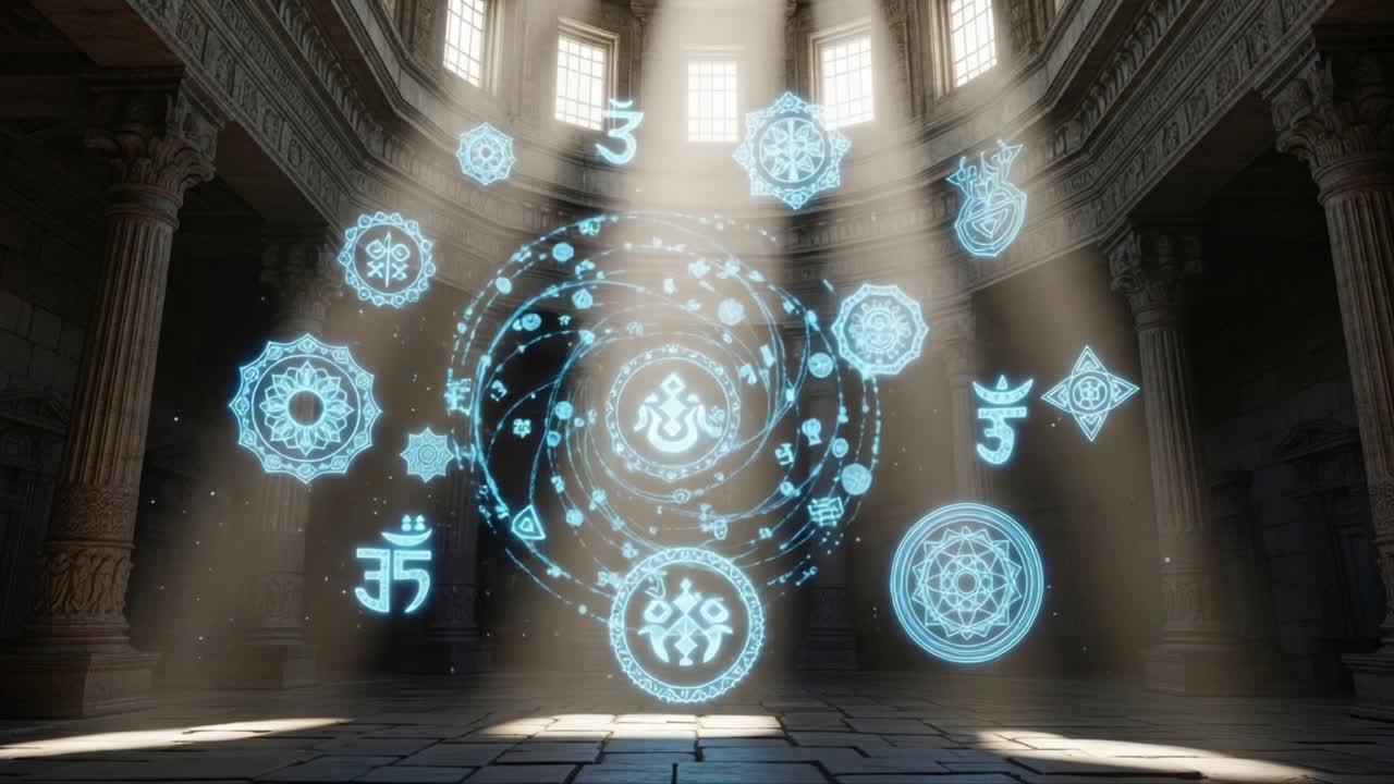 Enigmatic Symbols and Ethereal Light: A Mesmerizing Fusion of Mystical Patterns Illuminating an Ancient Chamber, Evoking a Sense of Wonder and Intrigue