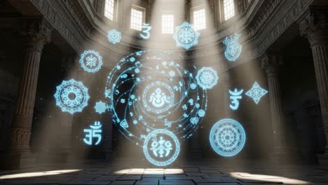 enigmatic symbols and ethereal light: a mesmerizing fusion of mystical patterns illuminating an ancient chamber, evoking a sense of wonder and intrigue